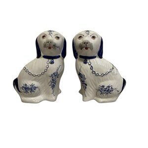 Vintage Pair of Ceramic Portugal Dog Statue White & Cobalt Blue Hand Painted